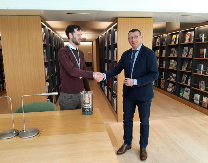 Nexans superconducting cable at the Science Museum of London. DR. Oliver Carpenter, Curator of Infrastructure & Built Environment, Science Museum of London and Jérôme Fournier, Corporate Vice President Innovation Services & Growth at Nexans
