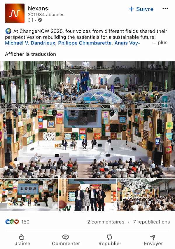 Publication on social networks illustrating Nexans' commitment to a sustainable future.