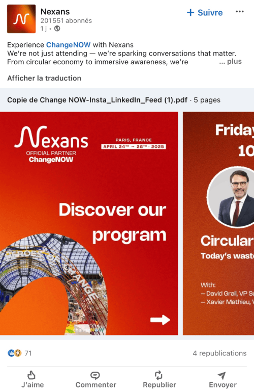 Publication on social networks illustrating Nexans' commitment to a sustainable future.
